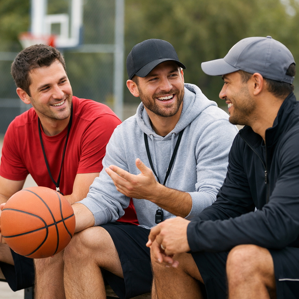 2 or 3 coaches talking to each other sitting on a bench one of them is holding a basketball ball their ages are in their mid and late 30s-1
