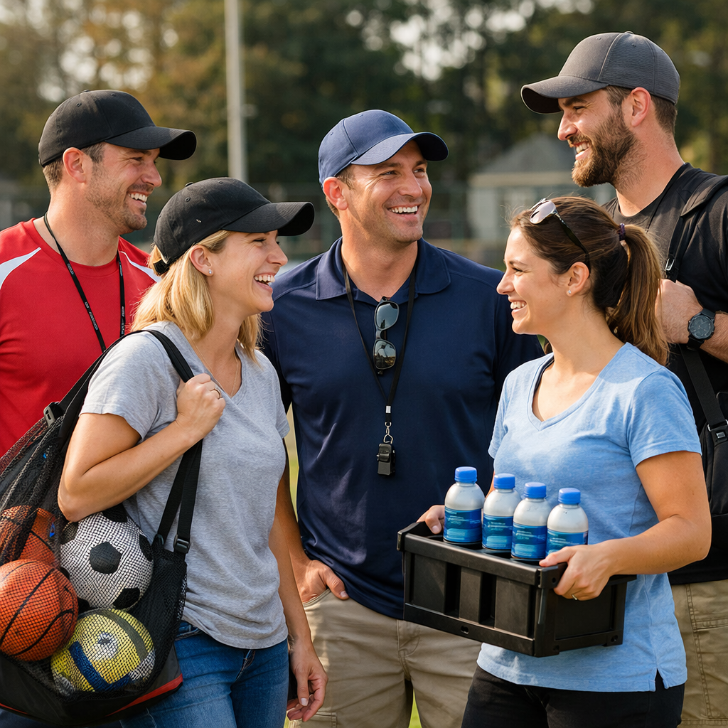 a group of 3 or 4 coaches and youth sports volunteers dont use labels or signs to identify their roles Coaches can be wearing coach uniforms volunteer-1