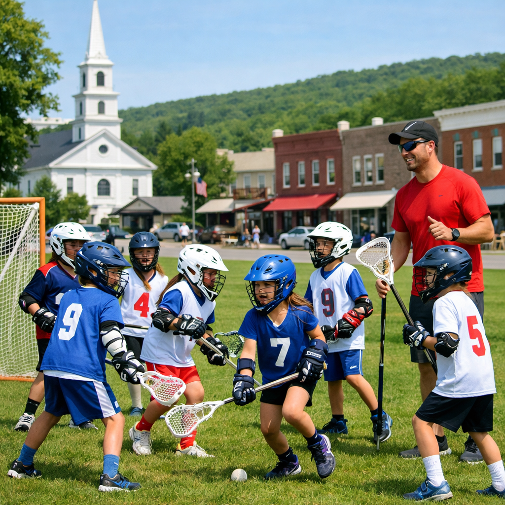 a group of kids wearing sport uniform playing lacrosse  at a park of a small town with their coach-1