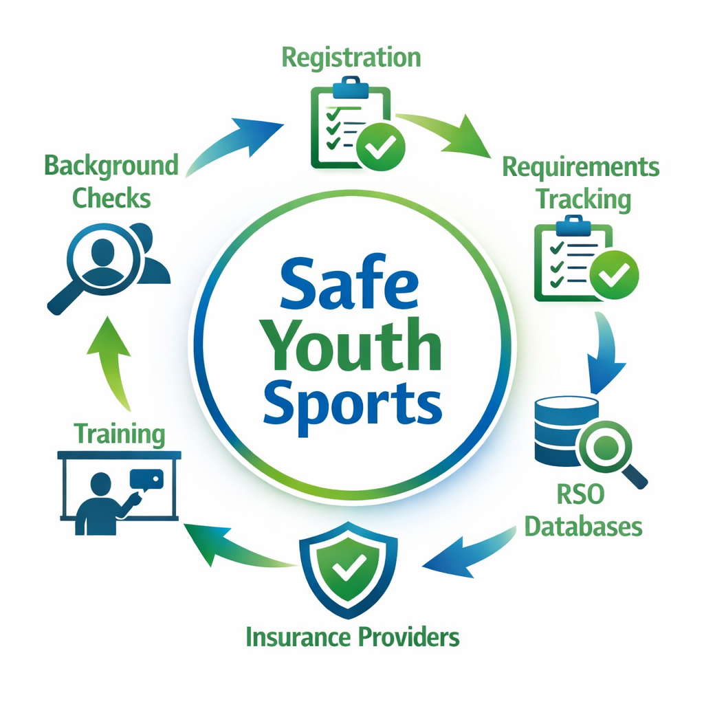 create an image with the words Safe Youth Sports in the middle and surrounded with the words background checks registration requirements tracking  tra-3