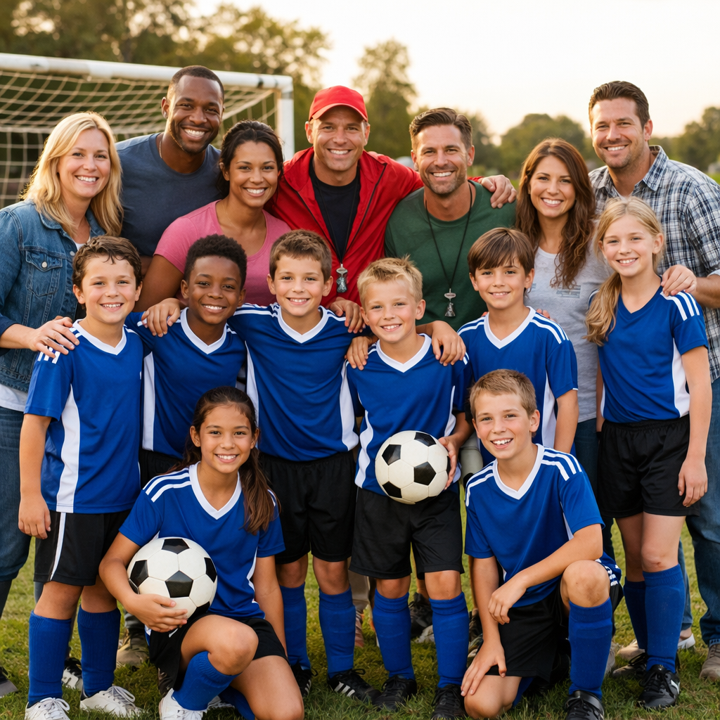 image of parents kids and coaches after a game smiling and happy Kids are wearing soccer uniform