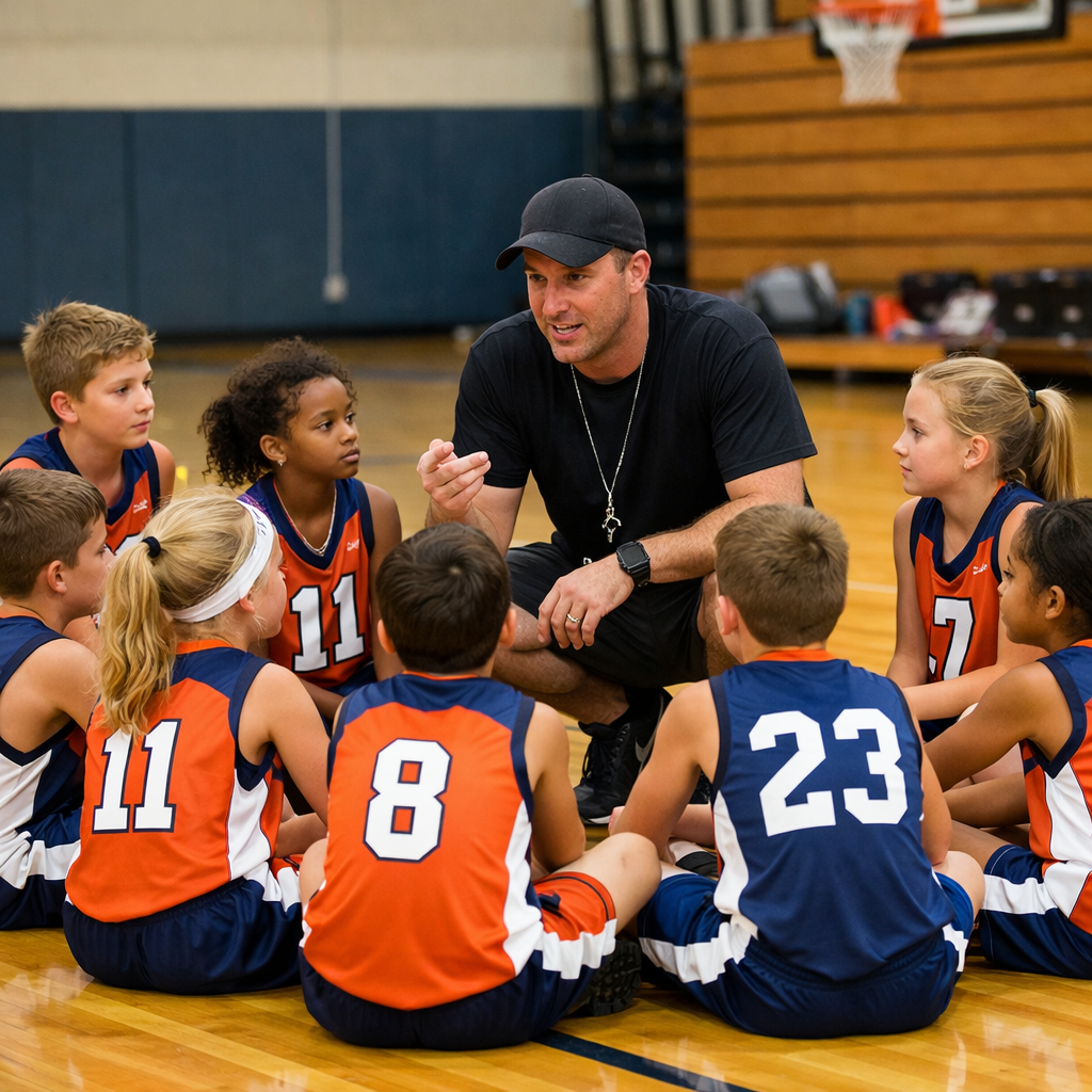 kids from a basketball team in the court listening to their coach-1