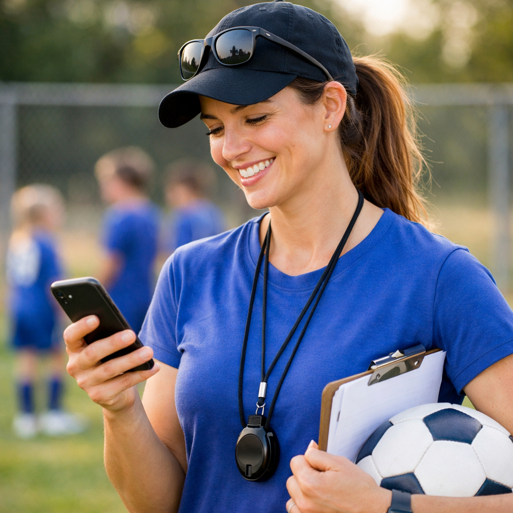 Youth sports coach looking at her phone smiling