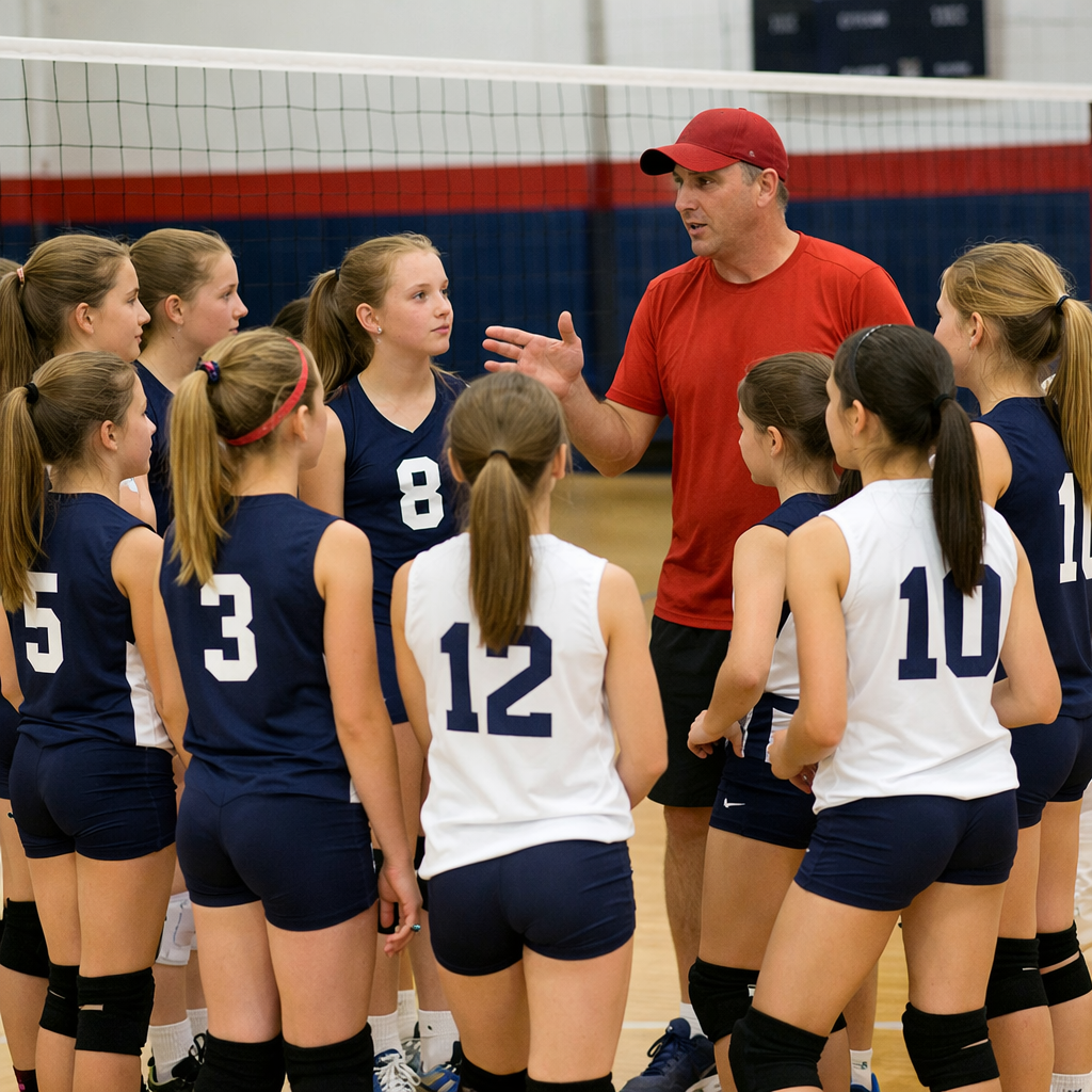 a Coach talking to a group of 12 or 13 years old girls from a volleyball  team in the court the kids are wearing uniforms
