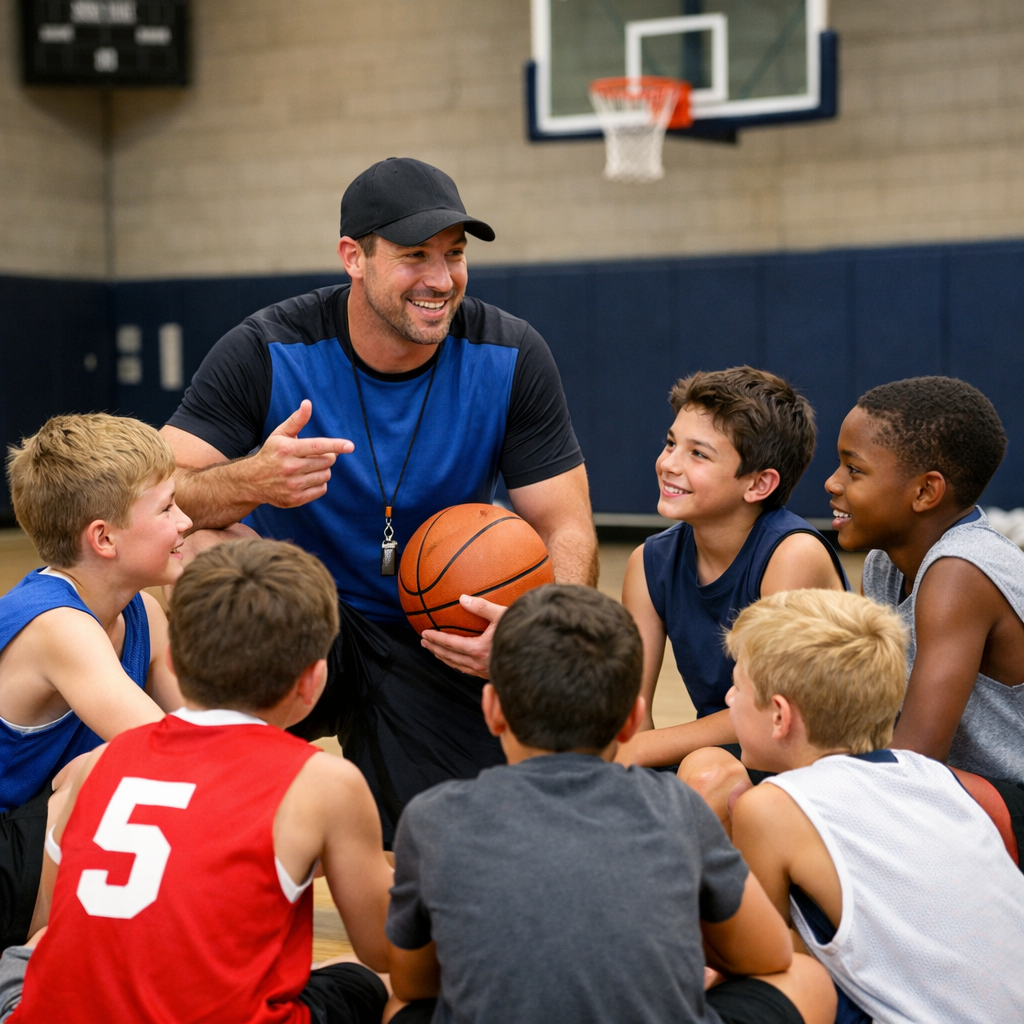 a trainer coach with a group of 12 years old boys in an indoor basketball court-1
