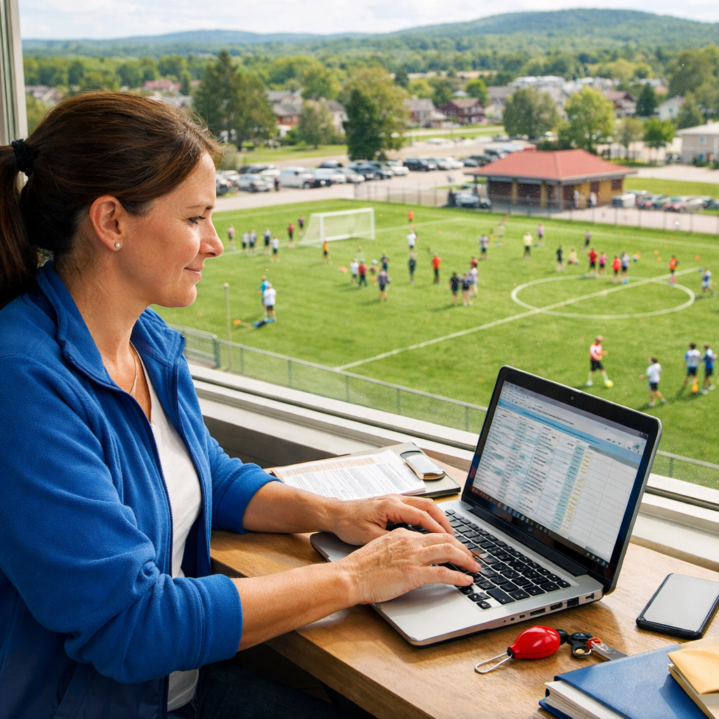 a youth sports program administrator working on her laptop near a window overviewing the town soccer field