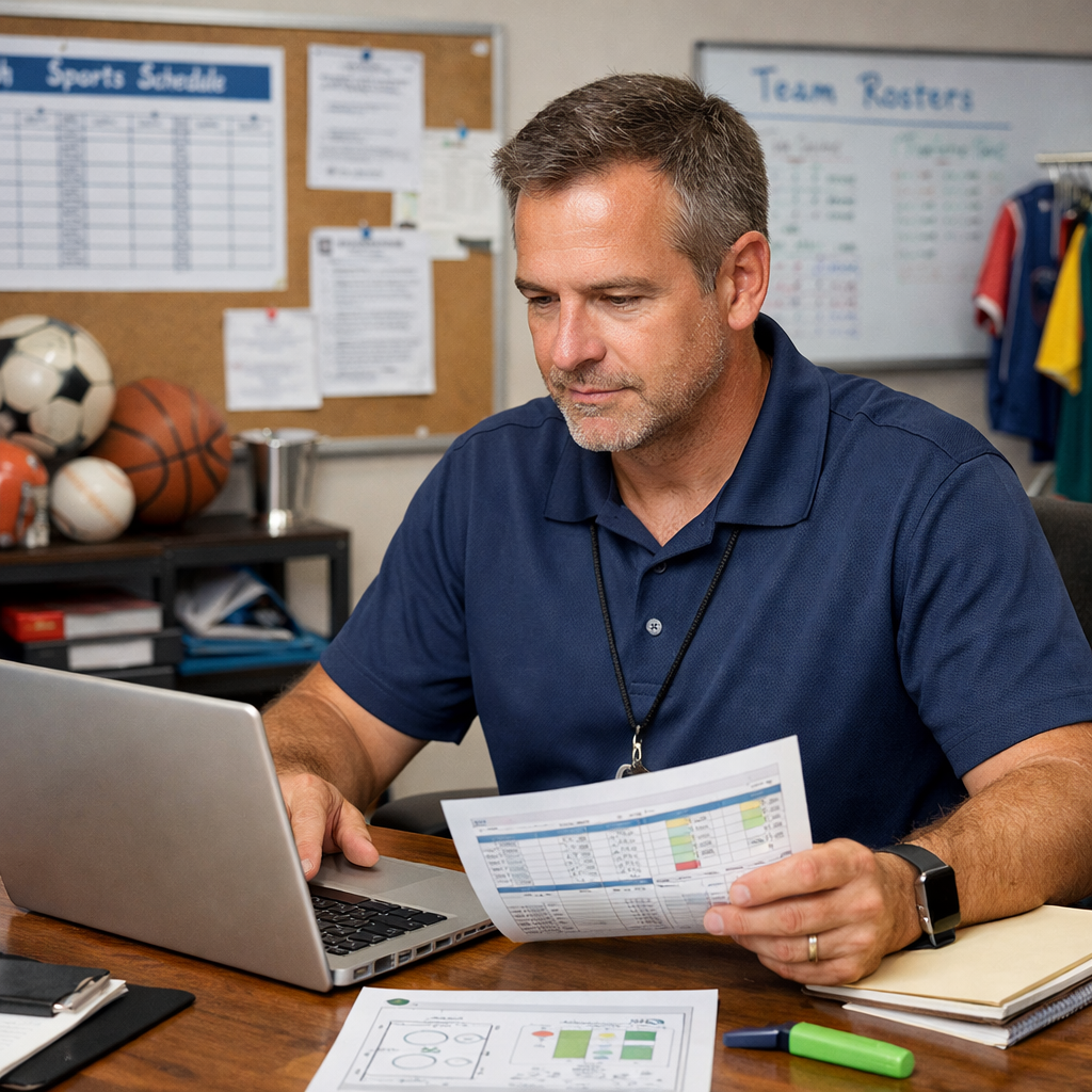 person that works as an administrator for youth sports clubs thats working on his laptop reviewing information-1