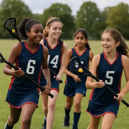 group of diverse 12 years old girl from a lacrosse team playing in the field wearing uniforms-1